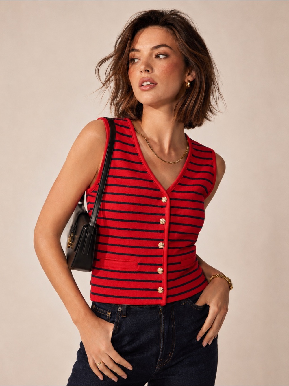 Bailey44 Striped Collarless Gold Button Front Knit Nautical Vest Large Red Blue